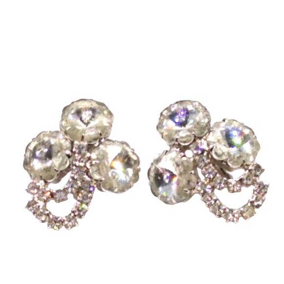 Vintage Clear Crystal Bouquet Earrings, Clip On Rivoli and Round Faceted Prong - Picture 1 of 3